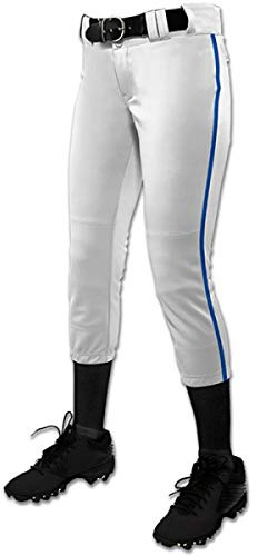 Champro Pantalones de softbol de Tiro bajo para Mujer Tournament con Ribete Lateral y pantalón Tradicional de Tiro bajo con Trenza, Mujer, BP11PA, Blanco, Royal Pipe, S