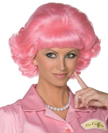 Smiffys Perücke Grease Frenchy, Rosa, Kurz & lockig Halloween