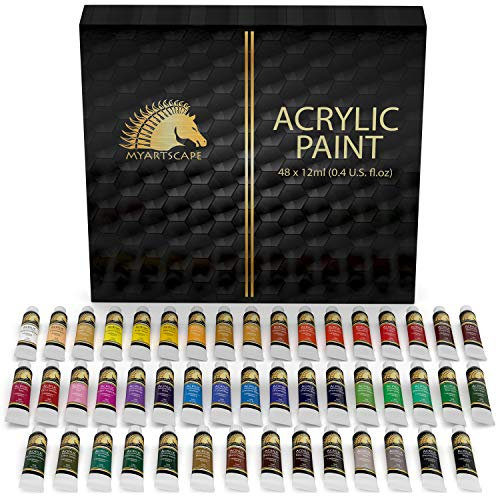 Myartscape Acrylic Paint Set - 48 x 12ml Tubes - Lightfast - Heavy Body - Non Fading - Vibrant Colors - Artist Quality Painting Supplies - Professional Grade Paints