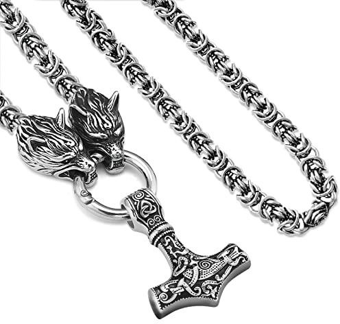 NICEWL Cuervos De Odin con El Martillo De Thor. Mjolnir Collar Colgante. Cadena De Cabeza De Lobo De Metal Vikingo. Mitología Nórdica. Hombres De Acero Inoxidable. Amuleto De Joyería Pagana,60cm