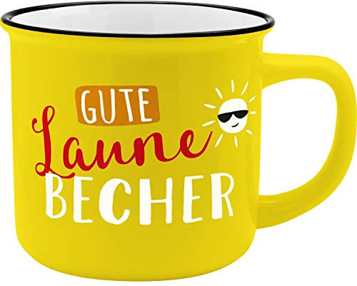 GRUSS & CO Becher Motiv Gute Laune | Kaffeetasse aus New Bone China Porzellan, Emaille-Optik, 35 cl | Tasse mit Spruch | 45786
