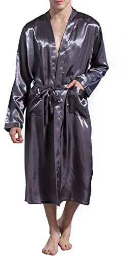 Nuofengkudu Unisex badrock, satin, lång kimono, morgonrock, lätt, basturock, GRÅ, XXL