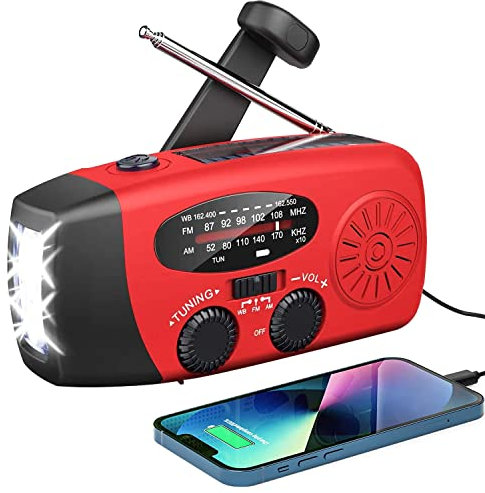 Solarbaby Radio Solare Wind up, Radio Meteo Portatile AM/FM/WB con Torcia LED e Batteria Operativa, Radio a Manovella Power Bank 2000 mAh per Ricarica Telefono di Emergenza