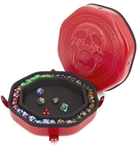 CASEMATIX Dice Tray and Dice Storage Case for Up to 115 RPG Dice - Dice Tray for Rolling with Magnetic Snaps,Skull Design and Non-Scratch Interior for Random Rolls Dice Protection, Red