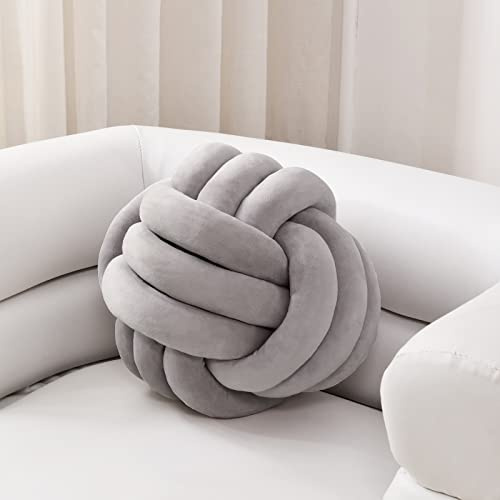 Sioloc Weicher Knotenball Kissen, Knotenkissen Wohndekoration Plüschkissen, Handgefertigtes Rundes Plüschknotenkissen für Stuhl Sofa Bett (35cm, grau)