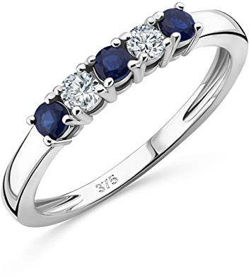 Orovi Schmuck Damen 0.13 Ct Diamant Ewigkeitsring Weißgold/Gelbgold mit 2 Diamanten Brillanten und 3 natürliche Edelsteine/Geburtssteine runde Saphire/Rubine Eternity Ring aus 9 Karat (375) Gold