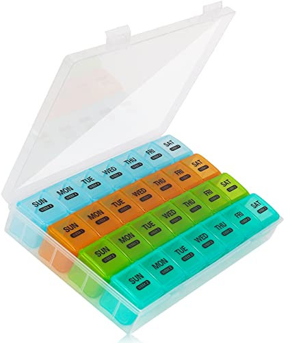 Happybase Tablettenbox Monat 28 Tage Pillendose, 4 Wochen Medikamentenbox 7 Tage 1 Fach, Reise Pillenbox Große Fächer, Monatlicher Tabletten Organizer für Vitamine, Fischöle, Medikamente (bunt)