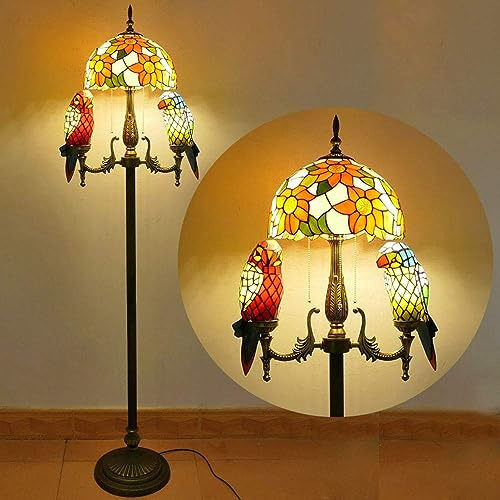 MOLOURK Vintage Wohnzimmer Glas Stehlampe mit Schalter Ø30cm Sonnenblume Glasmalerei Lampenschirm Art Deco Leselampe Schlafzimmer Büro Kreatives Papagei Nachtlicht 66 Zoll hohes Stehleuchte