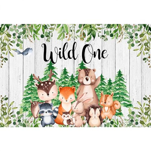 SDOTPMT 7x5ft Sangles en Polyester Wild One Animals Safari Animaux Rustique Planche de Bois Aquarelle Feuille de Palmier Or Pois Fond Blanc Baby Shower Birthday Party Decor