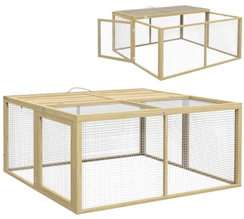 PawHut Kaninchenstall für Zwergkaninchen aus Holz, Klappbar Kleintierstall mit Freilaufgehege, Zwergkaninchenstall mit aufklappbarem Dach Griff für Meerschweinchen, Natur, 110 x 105 x 50 cm