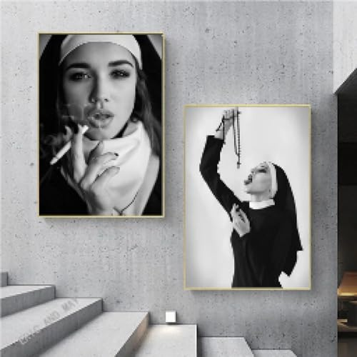 ZHAOLIN Vintage Schwarz Weiß Nonne Rauchen Leinwand Lustige Poster Drucke Böse Mädchen Frauen Retro Wandkunst Gemälde Bilder Schlafzimmer Dekor 60x80cm (24x31in) x2 Rahmenlos