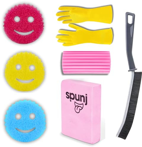 Kevagh Essentials - Includes Spunj Sponge, Pink Damp Duster Sponge, Narrow Gap Brush, Household Cleaning Gloves, and 3 Smiley Face Sponges - Home Cleaning Bundle by Kevagh