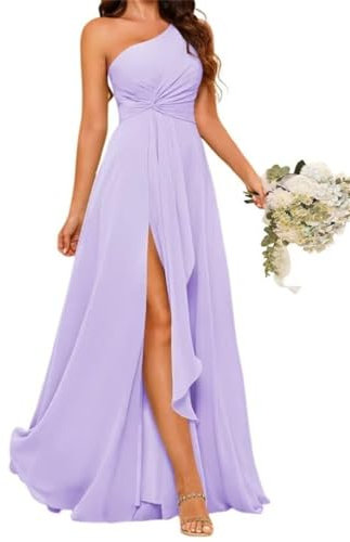 Vestidos de dama de honor de princesa de un hombro, vestidos de graduación plisados, vestidos de gala de gasa formal para fiestas de noche con abertura, Lila, 36