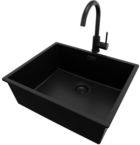 PRIMAGRAN Fregadero bajo Encimera al Mueble 60cm + Grifo, 56x47cm | Set: Grifo BW5010 + Kit de desagüe (sifón, válvula, rebosadero) + London 1 Seno Granito, Todo Negro
