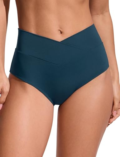 CRZ YOGA Women's V Cut Bikini Bottoms High Waist Tummy Control Swimsuit V-Cross Front Briefs Tankini Swimwear Full Coverage Insignia Blue 12