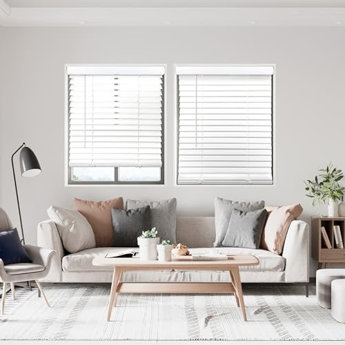 DEZ FURNISHINGS Cordless 2 Smooth Faux Wood Blind, 40 W x 48 H, Smooth White