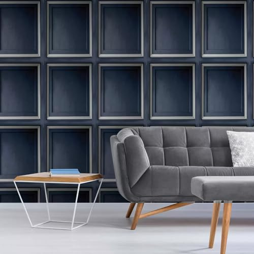 SOPHIE LAURENCE Navy Blue & Silver 3D Wood Panel Effect Wallpaper, Realistic Textured Design, 0.53m x 10.05m Roll, Scrubbable, Matte Finish, Paste The Paper, Ideal for Any Room