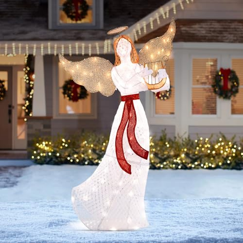 GOPLUS 150cm großer LED Engel mit Harfe, beleuchteter Weihnachtsengel warmweiß mit 120 LED-Lichtern, Weihnachtsbeleuchtung Figur Engel für Außen Innen Weihnachten Dekoration