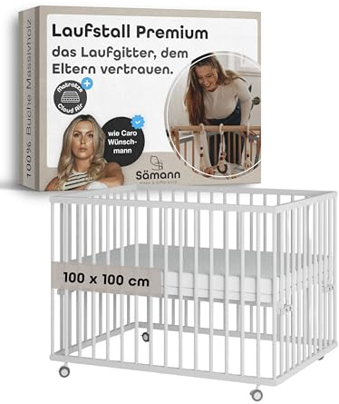 Sämann Baby Laufstall aus Holz I Baby Laufgitter 100x100 cm Weiß I Inkl. Matratze Cloud Air I Robuster & höhenverstellbarer Laufstall aus Buchenholz I Mit gummierten Rollen & TÜV geprüft