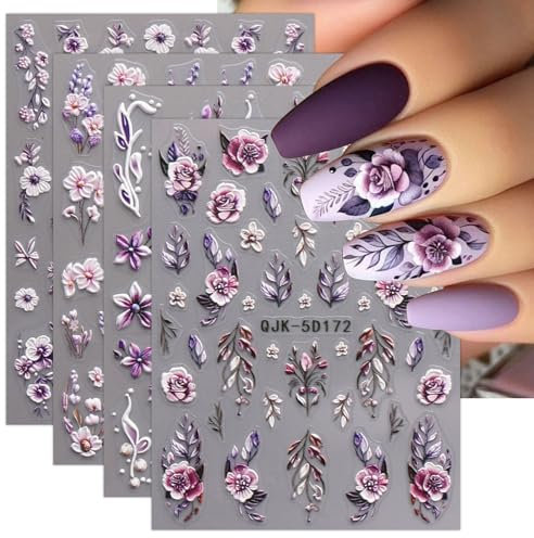 JMEOWIO 3D Fiori Adesivi Unghie Nail Art, Stickers Unghie Autoadesivi 5D Decorazioni Unghie Nail Art Disegni 4 Fogli