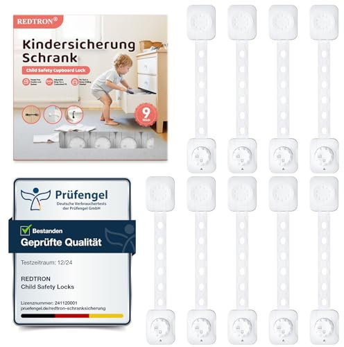 REDTRON Kindersicherung Schrank, 9er Pack Verstellbare Schranksicherung Baby, Baby Sicherung für Schubladen, Kühlschrank, Toilettensitz, mit Doppeltem Schlossdesign, Nein Bohren erforderlich, Weiß