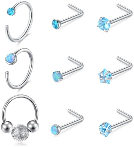 Funseedrr 9 st 20 g näsringar rostfritt stål L-formad opal nässkruv med kubisk zirkonia silver näsa piercing smycken, Small