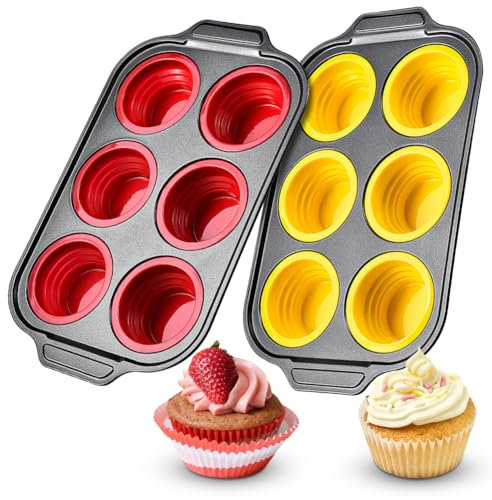 VOHESEA 2 Stück Silikon Muffinform, Silikon Muffinblech, für 12 Muffins, Antihaftbeschichtet, Backofen- & Spülmaschinenfest, mit Metallrahmen, für Papierbecherkuchen, Muffinbackformen (Rot & Gelb)