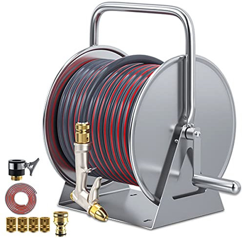 ERSINIAN Stainless Steel Garden Hose Reel With 10/15/20/30M Hose, Wall Mounted Hand Crank Water Pipe Reel Hose Storage Holder With 5 Pattern Hose Nozzle And Mounting Accessories(Size:30m,Color:A)