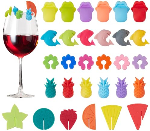 PLIGREAT 30 Pcs Silicone Wine Glass Marker Set, Multicolored Cute Drink Marking Charms Pineapple Flower Shark Tongue Fruit Glass Charms for Beer Champagne Cocktails Birthday Party