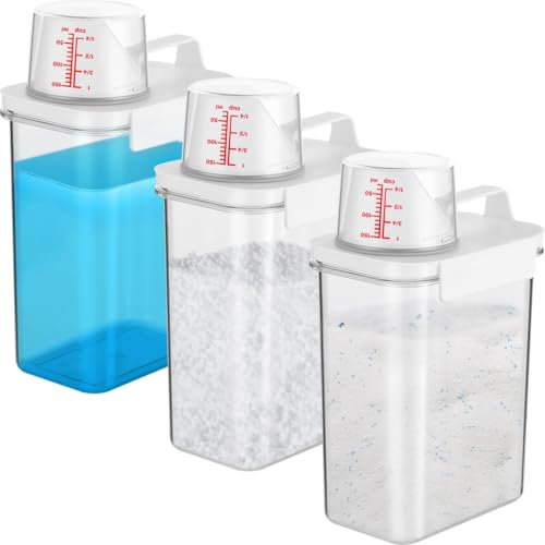 Lot de 3 distributeurs de linge, pots de rangement pour poudre liquide, perles, conteneurs transparents avec tasses, supports hermétiques pour adoucissant pour buanderie