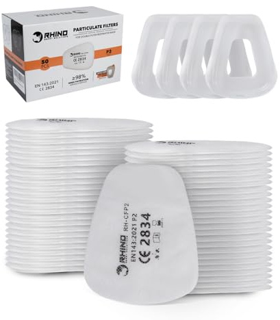 RHINO Smart Solutions 50 FFP2-Partikelfilter aus Baumwolle für Aktivkohlefilter und wiederverwendbare Atemschutzmasken gegen Gase, Staub, Farben, Chemikalien, Dämpfe und Pestizide (inkl. 4 Kappen)
