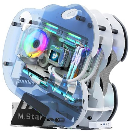 MegaPC Upgraded Open-Frame Mid-Tower Micro-ATX/Mini-ITX Gaming PC Case, Tempered Glass Side Panel, Pre-Installed ARGB PWM Fan, with USB3.0, Type-C, 240mm Radiator Support (White)