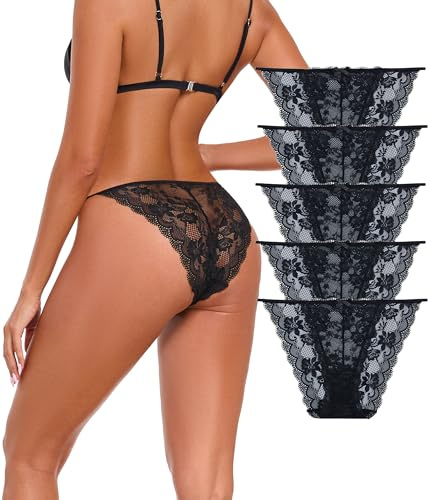 ANLIQI Womens Underwear Pack Bikini Briefs Panties Cotton Modal Moisture Wicking Soft Hipster Undies for Ladies, Lace Bikini-5 Pack Black, M