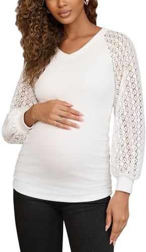 Damen-Umstands-Shirt, Häkelspitze, langärmelig, V-Ausschnitt, Schwangerschafts-Top, lässiges T-Shirt, Weiss/opulenter Garten, X-Groß