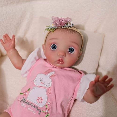 MineeQu 16 Zoll Realistische Baby Puppe Reborn Handbemaltes Haar & Blaue Augen Premie-Mädchenpuppe Bunny-Onesie Blumen-Kopfbinde