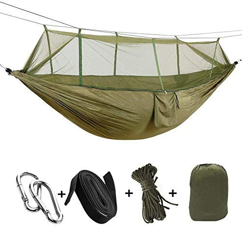 Camping-Hängematten Hängematte Zelt Moskitonet 2,6 * 1,4 m Outdoor-Doppelcamping-Hängematte mit Mückennetz Schlaf leichtes Nylon tragbares Hängematten-Army Green