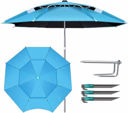 Ombrellone da Spiaggia Antivento Ombrello da Pesca All'aperto Protezione UV Ombrellone Portatile con Spina di Terra 200-260 Cm / 6,5-8,5 Piedi per Spiaggia Patio Giardin, Blue, 200CM/6.5FT
