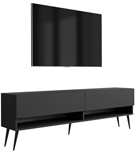 3E 3xE living.com Meuble TV 170 cm Noir Mat, Pieds obliques Noirs, 170 × 32 × 52 cm