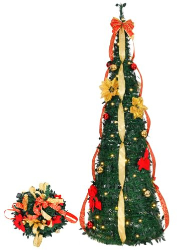 LEADZM Pop-up-Weihnachtsbaum mit 80 LED Beleuchtung, Teleskopstruktur, Warmes Licht, batteriebetrieben, Mit roten und goldenen Teilen, Flammhemmendes PVC - 180cm Künstlicher Weihnachtsbaum