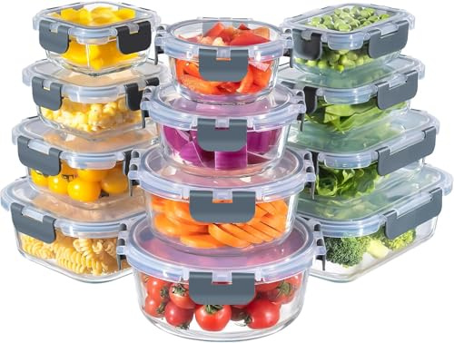 MFY 12 Stück Glasbehälter mit Deckel, Frischhaltedosen mit Deckel, Meal Prep Boxen Glas mit 12 Behälter & 12 Deckel, Spülmaschinen- Mikrowellen, Grau
