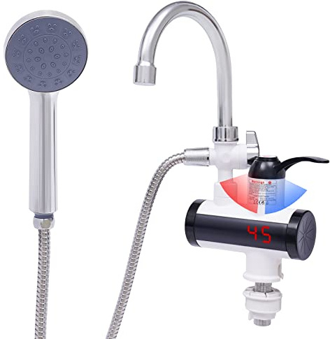 Robinet d'eau chaude électrique avec douchette, 3300 W, avec chauffe-eau, température en continu (30-60 °C), écran LED, pour cuisine/salle de bain