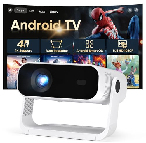 2026 New Smart Projector Built-in Apps, Android 14, Native 1080P 4K Supported WiFi 6 Bluetooth 5.2, 32000 Lumens, Low Fan Noise (<30dB), Home Cinema Projector