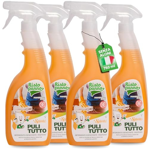 RISTOPANNO 4PZ x 750ml Detergente Igienizzante Multiuso Professionale | Spray Multiuso Superfici Pronto all'Uso - Pulizia Cucina, Bagno, Tavoli, Piani di Lavoro - Prodotti Pulizia SPLASH PULITUTTO