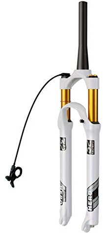 LHHL Forcelle Ammortizzate Bici Forcella Freno Disco 26 27,5 29 Po MTB Forcelle per Biciclette Cono Tubo 1-1/2 Rilascio Rapido Corsa 100mm Blocco Manuale/Remoto Bianca 1640g(Cone RL,26)