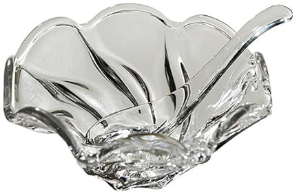 QVK Ensaladera de vidrio con bordes ondulados, completa con una cuchara, ensaladera de vidrio transparente, es perfecta para servir postres, frutas y más