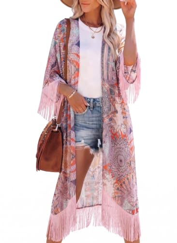Bestshe Women's Floral Kimono Cardigan | Lightweight Bohemian Fringe Beach Cover Up, Loose Open Front Summer Top
