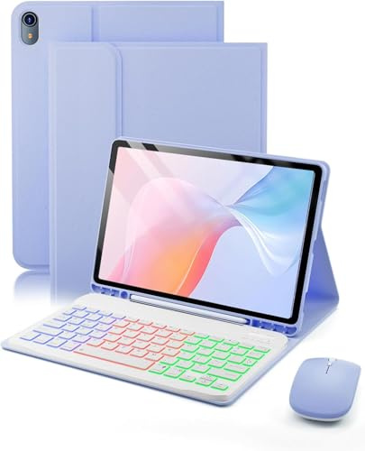 Para iPad A16 11 Generación (2025) 11 pulgadas / iPad 10 Generación (2022) 10,9 pulgadas funda con Teclado inalámbrico Bluetooth retroiluminado (teclado QWERTY, distribución española) y ratón，Púrpura
