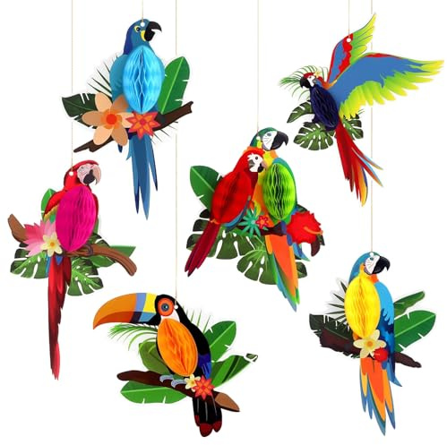 6 Pezzi Decorazioni Tropicali per Uccelli Hawaiani Estive Pappagallo da Appendere Carta Decorativa con Nido d'Ape per Feste Luau Tiki Beach Compleanno Forniture Interna ed Esterna (Tipo2)