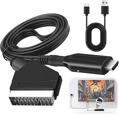 Scart to HDMI Converter, Video Audio Adapter Input to HDI Output with USB Power Cable HD720p/1080p Plug and Play for HDTV DVD Player Monitor Projector STB VHS PS3 Supports PAL/NTSC Formats