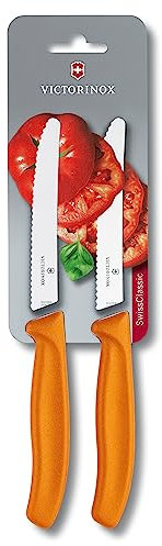 Victorinox Swiss Classic, Frühstücksmesser, Brötchenmesser, Scharfe Klinge, Wellenschliff, 11 cm, Kunststoffgriff, Rostfreier Stahl, Set 2teilig, Orange